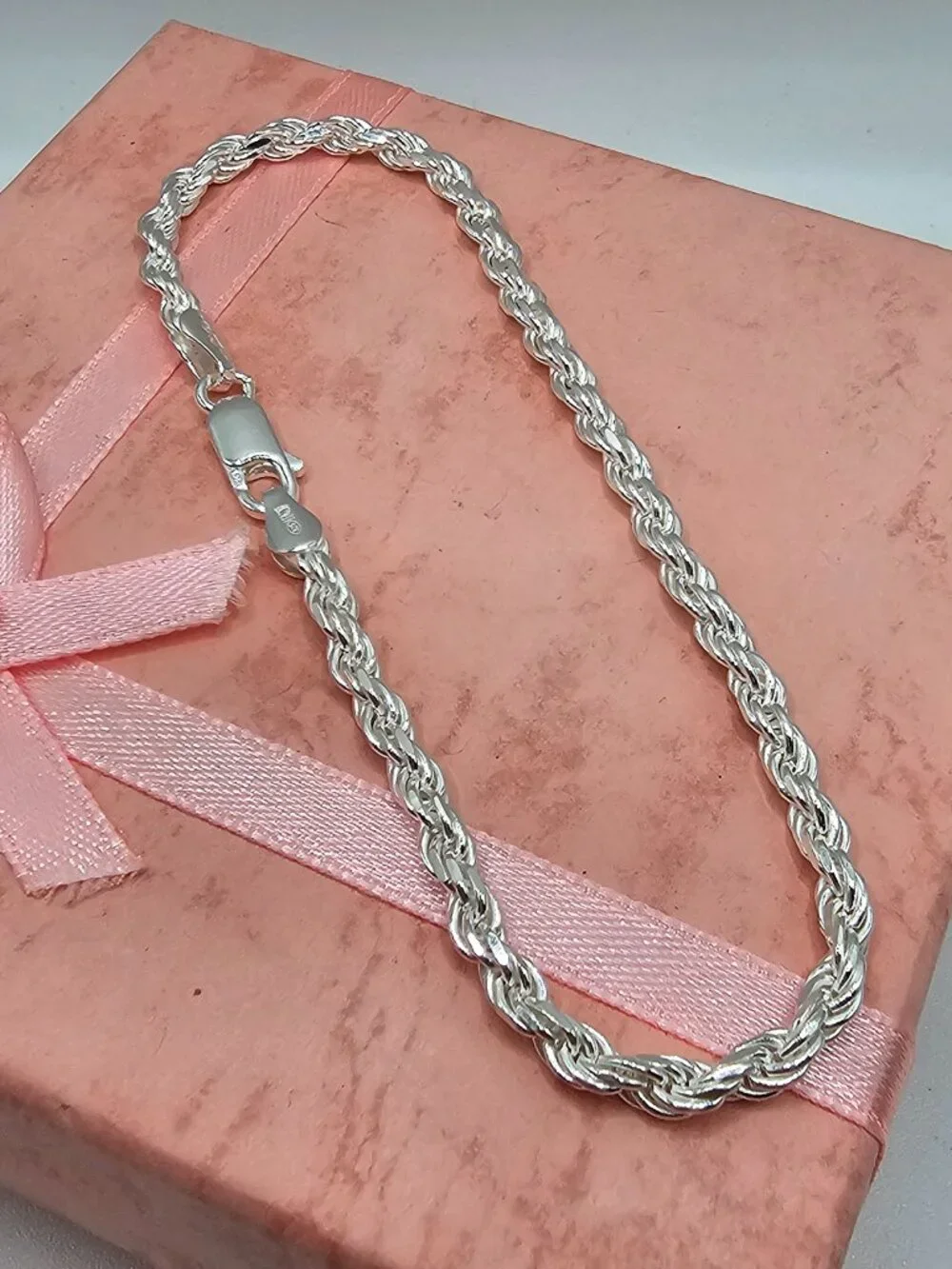 Sterling Silver 925 High Polished Diamond Cut Rope Bracelet 3.4mm 9 inches